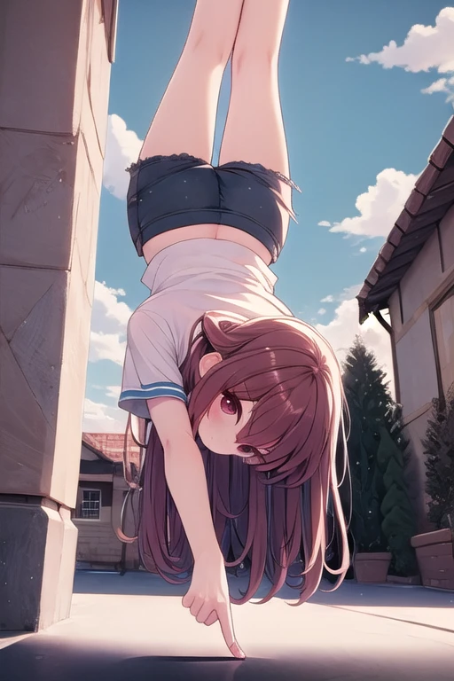 ((one finger handstand)), pointing down, hand on ground, 1girl, light smile, large breasts, short sleeves, shirt, shorts, full body, from below, low pov, sky, from side, <lora:onefingerhandstand:1>