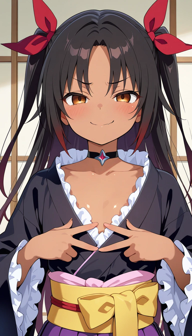 1girl, aster nemesis, dark-skinned female, black hair, very long hair, yellow eyes, flat chest kimono, obi, ribbon, twin tails, looking at viewer, outdoors, city, night, smile, ,,,(nsfw),8yo,bare foot,nipple,(((cun))),open mouth,tongue,bare shoulder,(spoken heart)