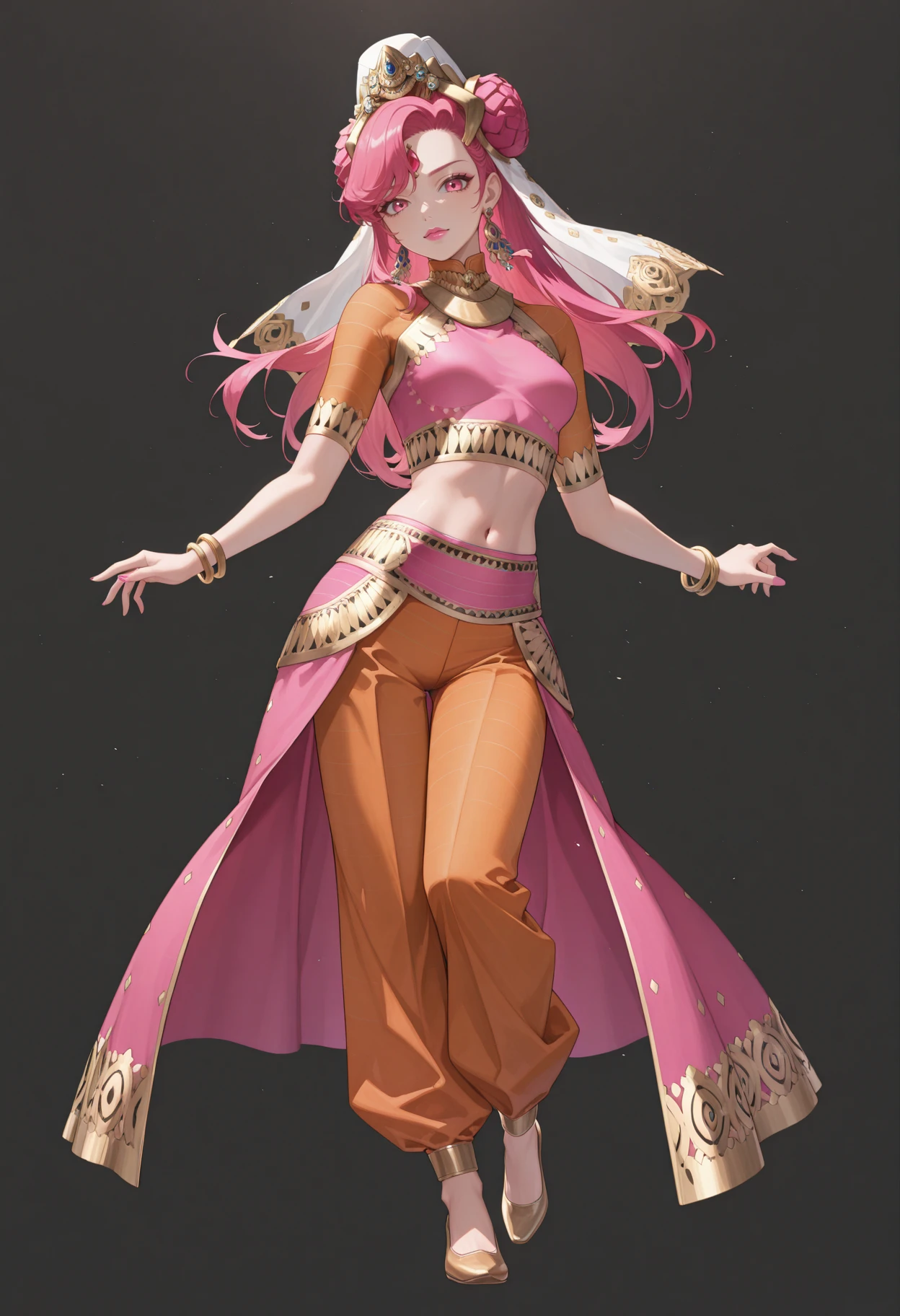 masterpiece, best quality, absurdres, highres, newest, 1girl, solo, <lora:parvati-smt-richy-v1_ixl:1>parvati, pink eyes, pink hair, long hair, double bun, forehead jewel, hat, veil, pink lips, jewelery, earrings, bracelet, pink shirt, orange sleeves, crop top, midriff, navel, pink nails, orange pants, pink skirt, looking at viewer, full body, simple background, black background,