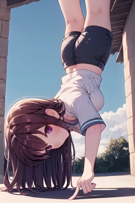 ((one finger handstand)), pointing down, hand on ground, 1girl, light smile, large breasts, short sleeves, shirt, shorts, full body, from below, low pov, sky, from side, <lora:onefingerhandstand:1>