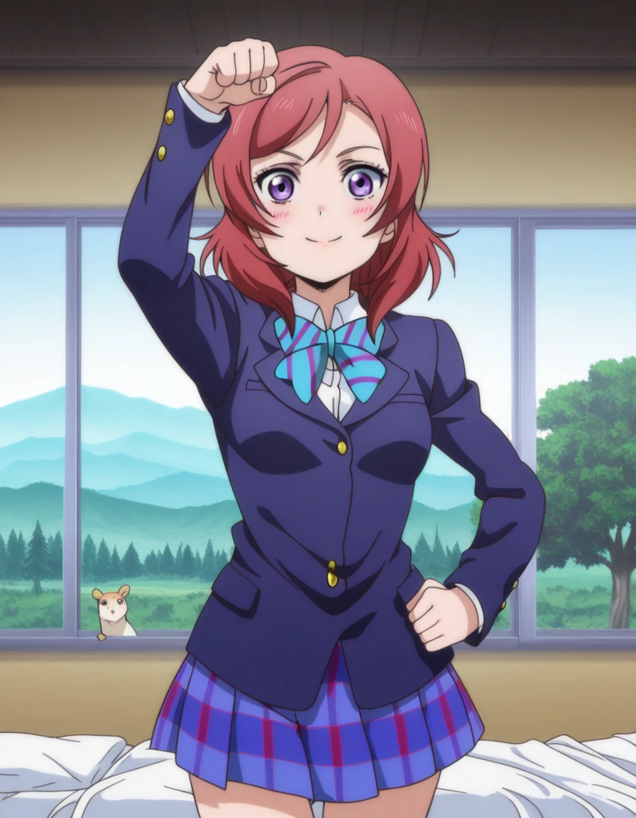 masterpiece, best quality, amazing quality,, <lora:maki-nishikino-s1-illustriousxl-lora-nochekaiser:1>, maki nishikino, short hair, purple eyes, red hair, mature female, breasts, anime screencap, skirt, school uniform, jacket, blazer, winter uniform, otonokizaka school uniform,, nature, trees, animals, landscape, open, smile, giorno giovannas pose, giorno giovanna's pose (jojo), jojo pose, hand up, arm up, clenched hand, hand on waist, blush, shirt, smile, bed room, cowboy shot, looking at viewer, solo,, cowboy shot, solo