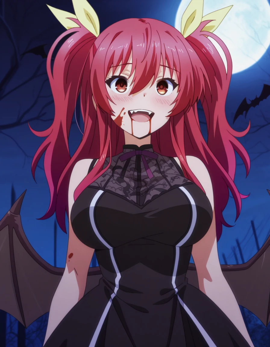 masterpiece, best quality, amazing quality,, <lora:stella-vermillion-s1-illustriousxl-lora-nochekaiser:1>, stella vermillion, hair between eyes, hair intakes, hair ribbon, long hair, red eyes, red hair, two side up, yellow ribbon, mature female, breasts, anime screencap, <lora:vampire-ponyxl-lora-nochekaiser:1>, vampire, red eyes, pointy ears, fangs, black dress, wings, blood, blood on face, blood on mouth, bat (animal), halloween, halloween costume, upper teeth only, night, moon, blush, smile, open mouth, , cowboy shot, solo
