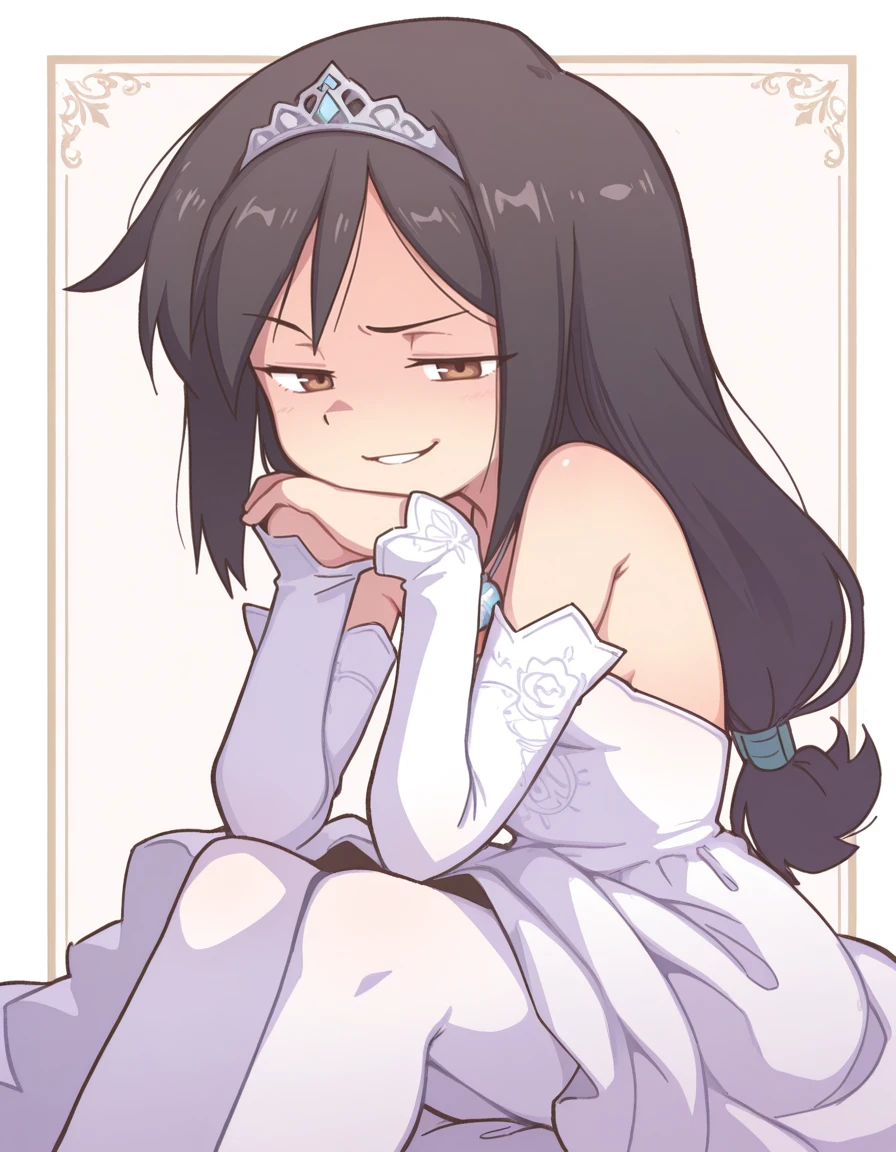 <lora:Orenji-IL-20:0.8> orenji, 1girl, solo,
<lora:ffgarnet-illu-nvwls-v1_1:0.7> ffixgarnet, black hair, brown eyes, low-tied long hair, tiara, pendant, strapless dress, white dress, wedding dress, detached sleeves, white pantyhose,
Resting head on hands, (Raised one-sided smirk),
extremely detailed, highres, masterpiece, best quality, border,