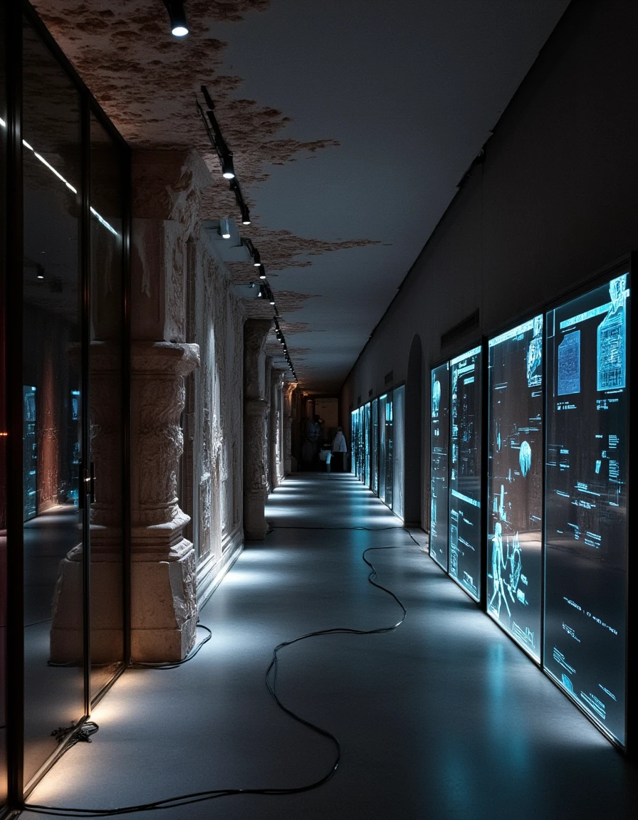 <lora:Home_R01fluxb:1> homer01, photo of a contemporary walkway, Baroque architecture, European palace, sculptural elements, holographic interfaces, raw textures, transparent surfaces, dark and atmospheric setting, medieval craftsmanship, sleek surfaces, ancient technology, futuristic cables on the floor