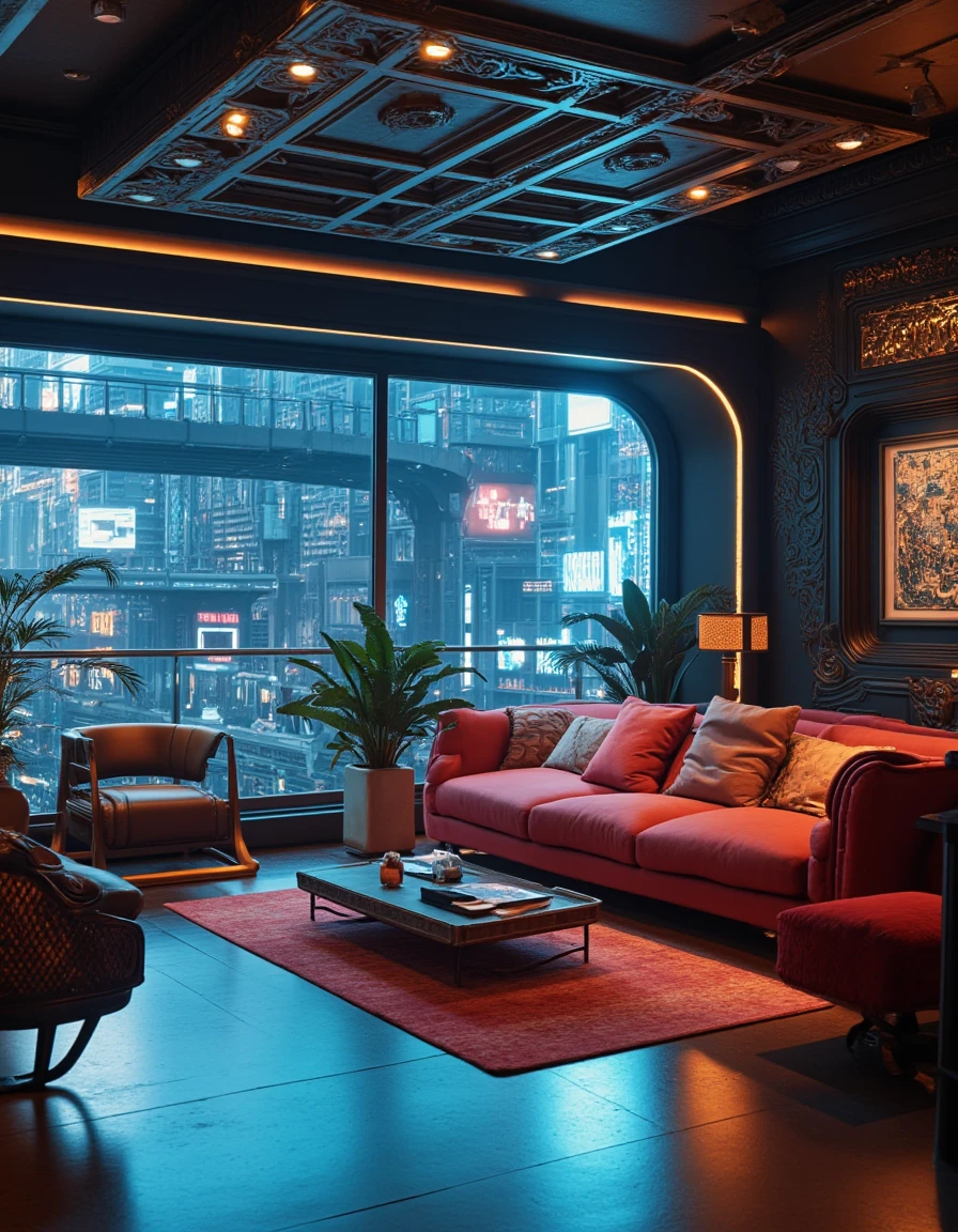 <lora:Home_R01fluxb:1> homer01, photo of a living room, luxurious design, Futuristic sci-fi lounge, diagonal beams, Futuristic cyberpunk cityscape, urban station, geometric patterns, intricate frescoes, metallic structure,
