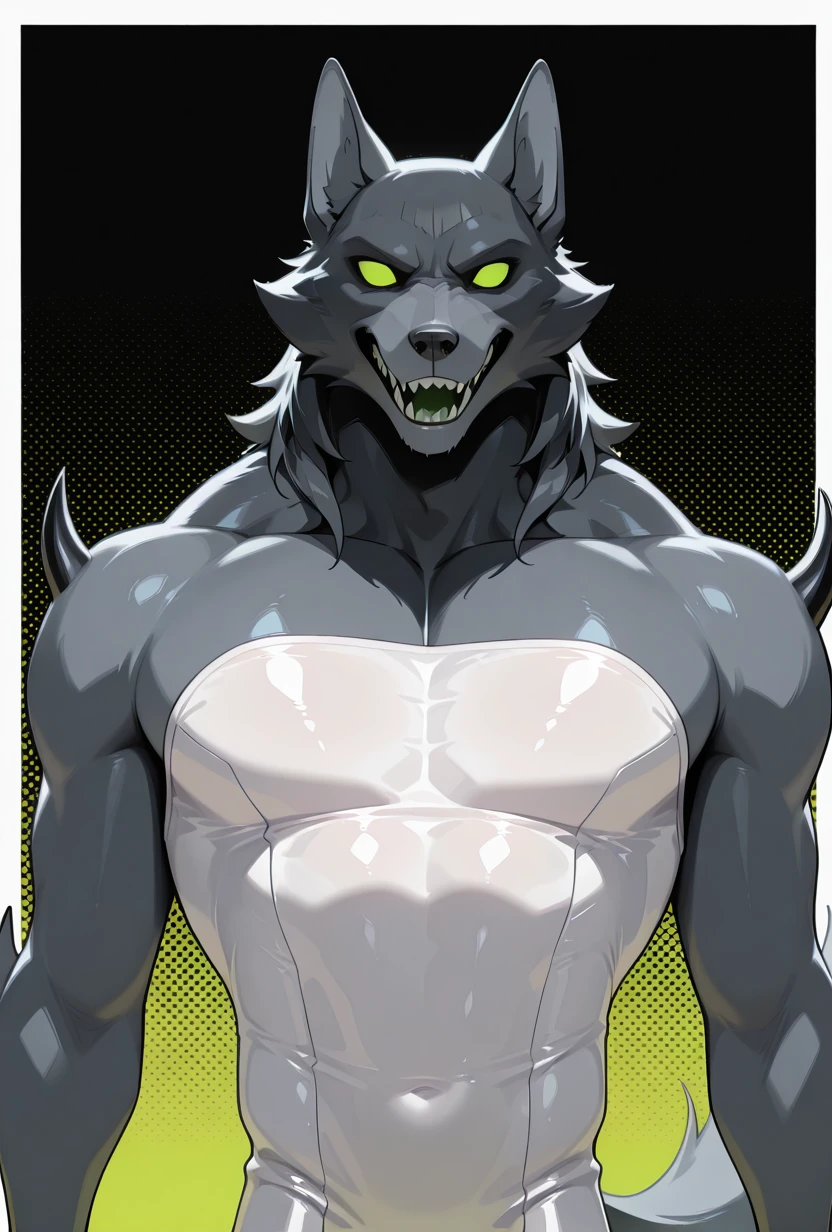 <lora:blitzwolfer-07:1> blitzwolfer, solo, 1boy, furry, tail, green eyes, black claws, wolf, , sharp teeth, white swimsuit, sleeveless, strapless, black head, grey snout, feral, masterpiece, best quality, amazing quality, very aesthetic, absurdres, newest,, upper body, halftone effect, white borders, abstract background:1.2,