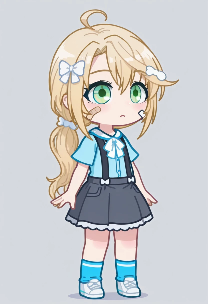 masterpiece,best quality,amazing quality,KiCCd, KiCCdGacha, girl, blonde hair, long hair, ahoge, green eyes, plaster on the face, blue shirt, white bow on the neck, white bow in the hair, suspenders, grey skirt, blue socks, white shoes, 1girl,\
