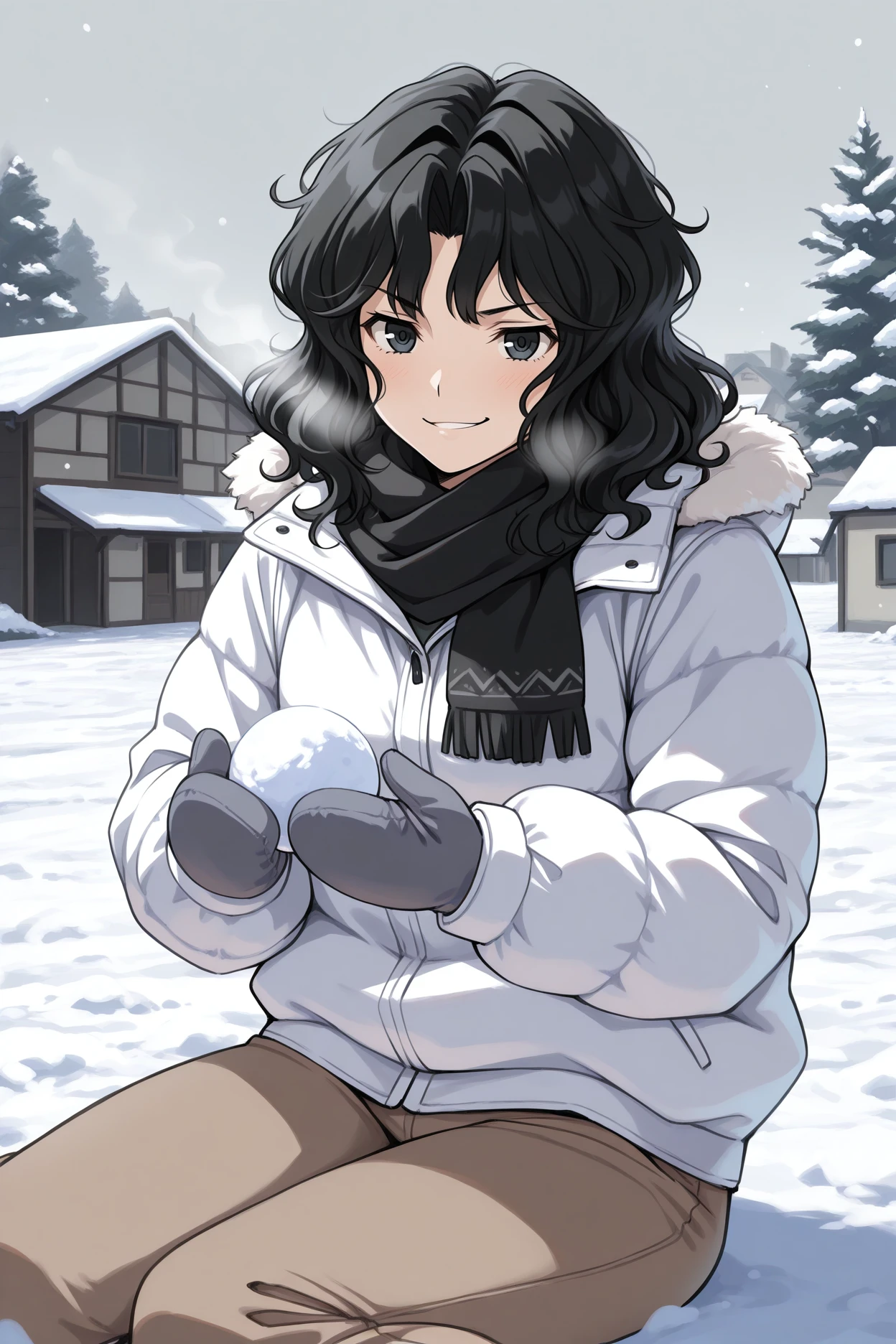 masterpiece, best quality, 1girl, solo, <lora:tanamachikaoru-illu-nvwls-v1-000006:1> tnakao, black hair, wavy hair, medium hair, black eyes, winter jacket, white jacket, puffy jacket, black scarf, brown pants, snow, sitting, on ground, holding snowball, mittens, smirk, grey sky, houses