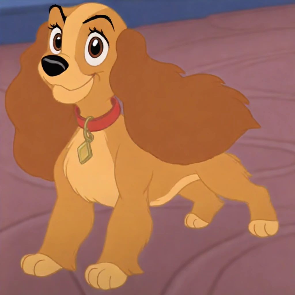 collette, disney, dog, cocker spaniel, red collar, long brown ears, tan fur, light tan belly, light tan paws, brown eyes, cocker spaniel, female, full body, solo, standing, happy, smiling, flirty