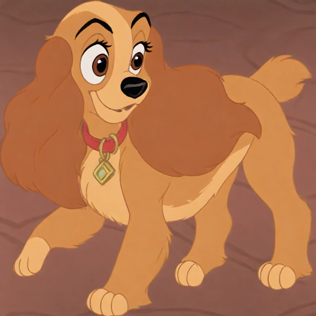 collette, disney, dog, cocker spaniel, red collar, long brown ears, tan fur, light tan belly, light tan paws, brown eyes, cocker spaniel, female, full body, solo, standing, happy, smiling