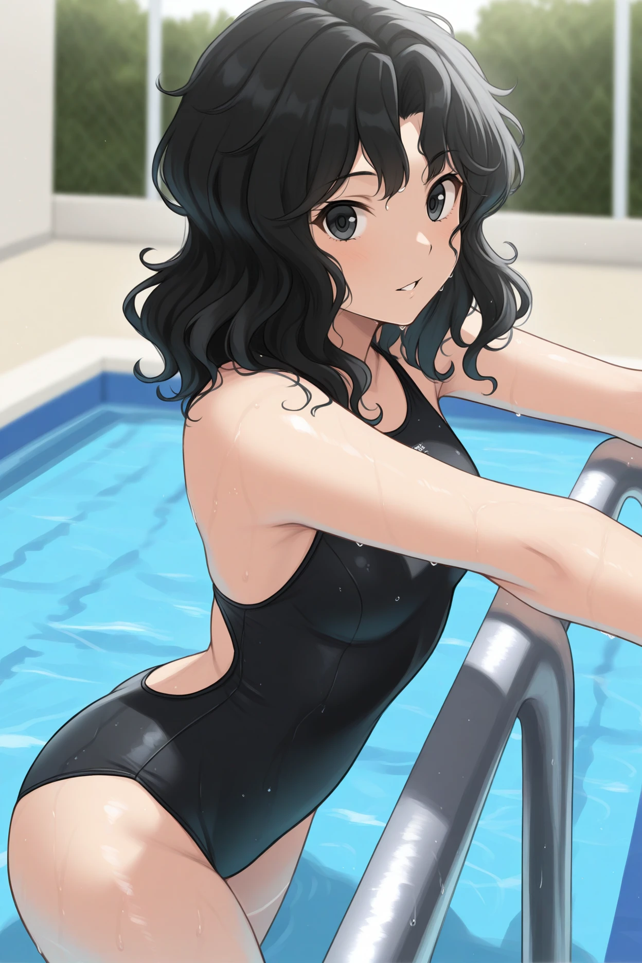 masterpiece, best quality, 1girl, solo, <lora:tanamachikaoru-illu-nvwls-v1-000006:1> tnakao, black hair, wavy hair, medium hair, black eyes, black one-piece swimsuit, wet skin, from side, looking at viewer, parted lips, happy, swimming pool, arms up, stretching
