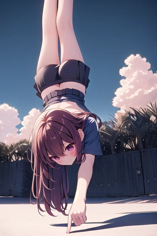 ((one finger handstand)), pointing down, hand on ground, 1girl, light smile, large breasts, short sleeves, shirt, skirt, pleated skirt, full body, from below, low angle, low pov, sky, <lora:onefingerhandstand:1>