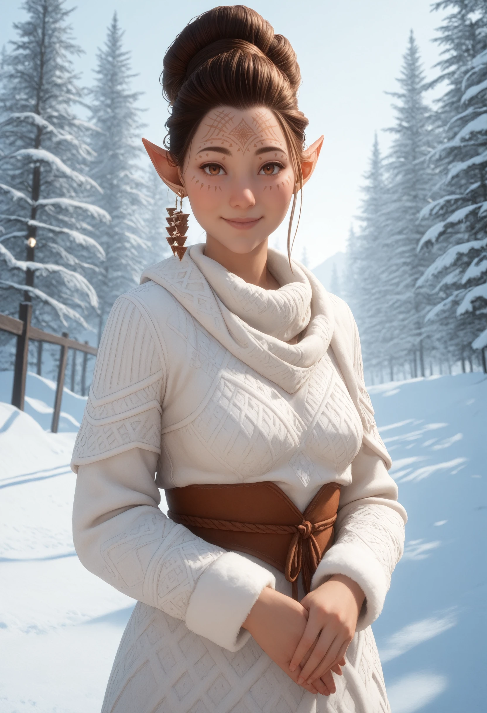 masterpiece, best quality, absurdres, highres, extremely high detail,
<lora:ILDVBellara:1.0>
DVBellara, 1girl, brown hair, hair bun, brown eyes, facial marks, pointy ears, earring, looking at viewer, in a winter wonderland, cowboy shot, winter clothing, smile