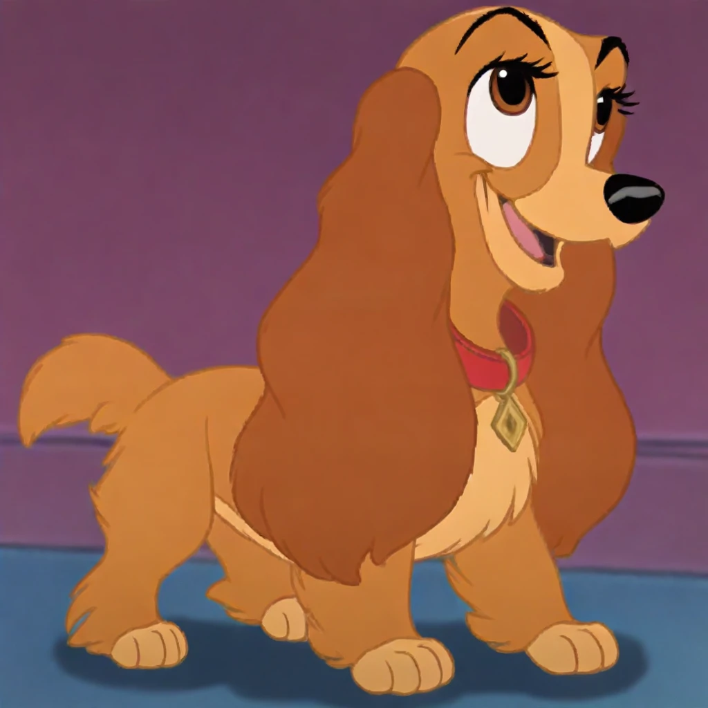 collette, disney, dog, cocker spaniel, red collar, long brown ears, tan fur, light tan belly, light tan paws, brown eyes, cocker spaniel, female, full body, solo, standing, happy, smiling