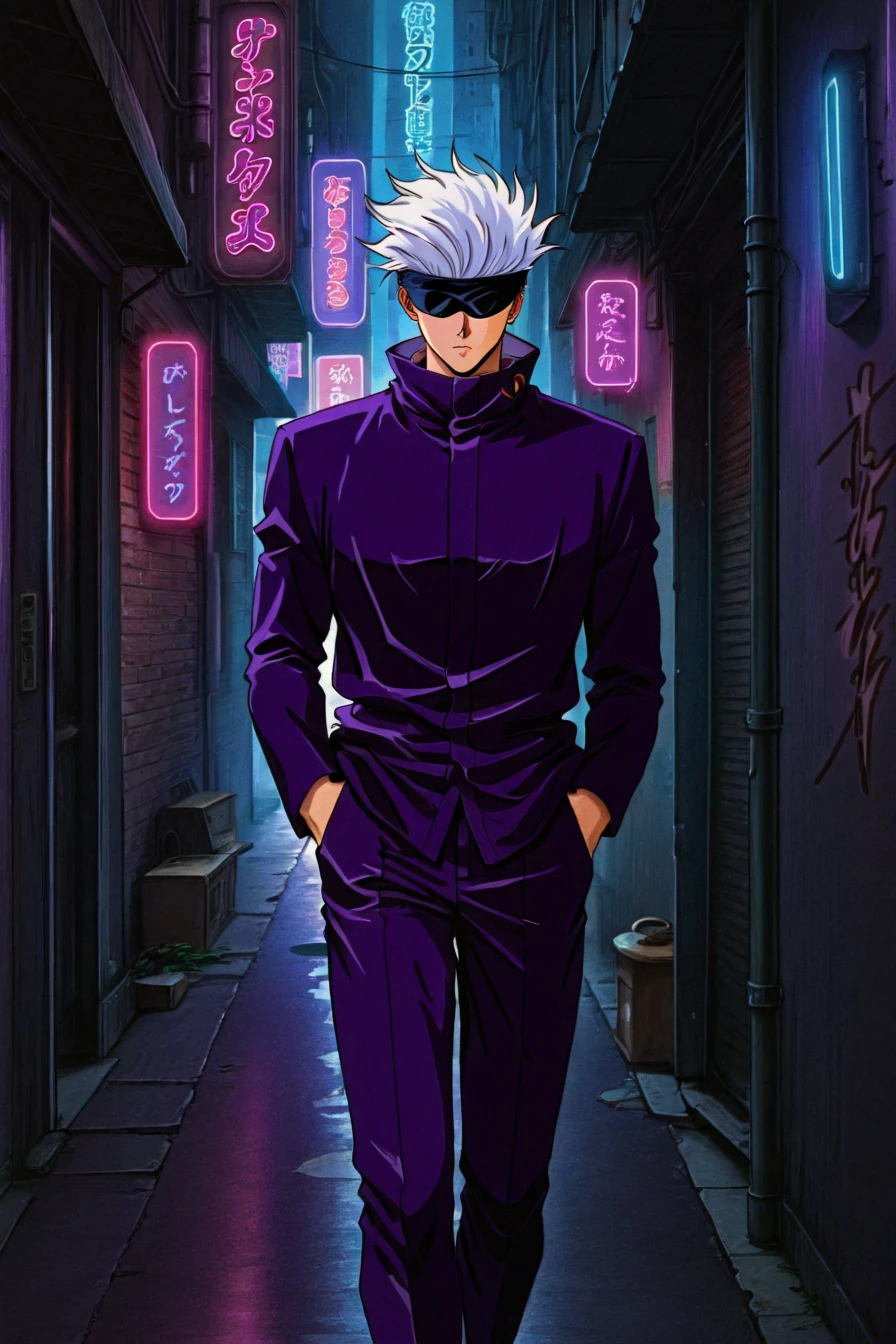 gojou satoru, white hair, purple pants, high collar, blindfold, covered eyes, black blindfold, purple jacket, purple pants, 1boy, solo, alone, <lora:90s_anime_aesthetic_illustriousXL:0.8>, 90s_anime_aesthetic, 1990s (style), retro, retro artstyle, alley, building, neon lights, masterpiece, highres