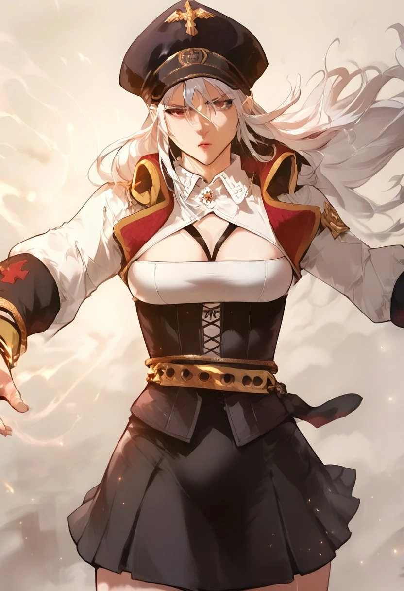 zPDXL2, score_9_up, score_8_up, score_7_up, (manhwa art style), high detail face, best quality, absurd res, solo, 1girl, Eleanor tristan, Red eyes, White hair, Long hair, School Uniform, Hat, cowboy shot, aura, fighting stance