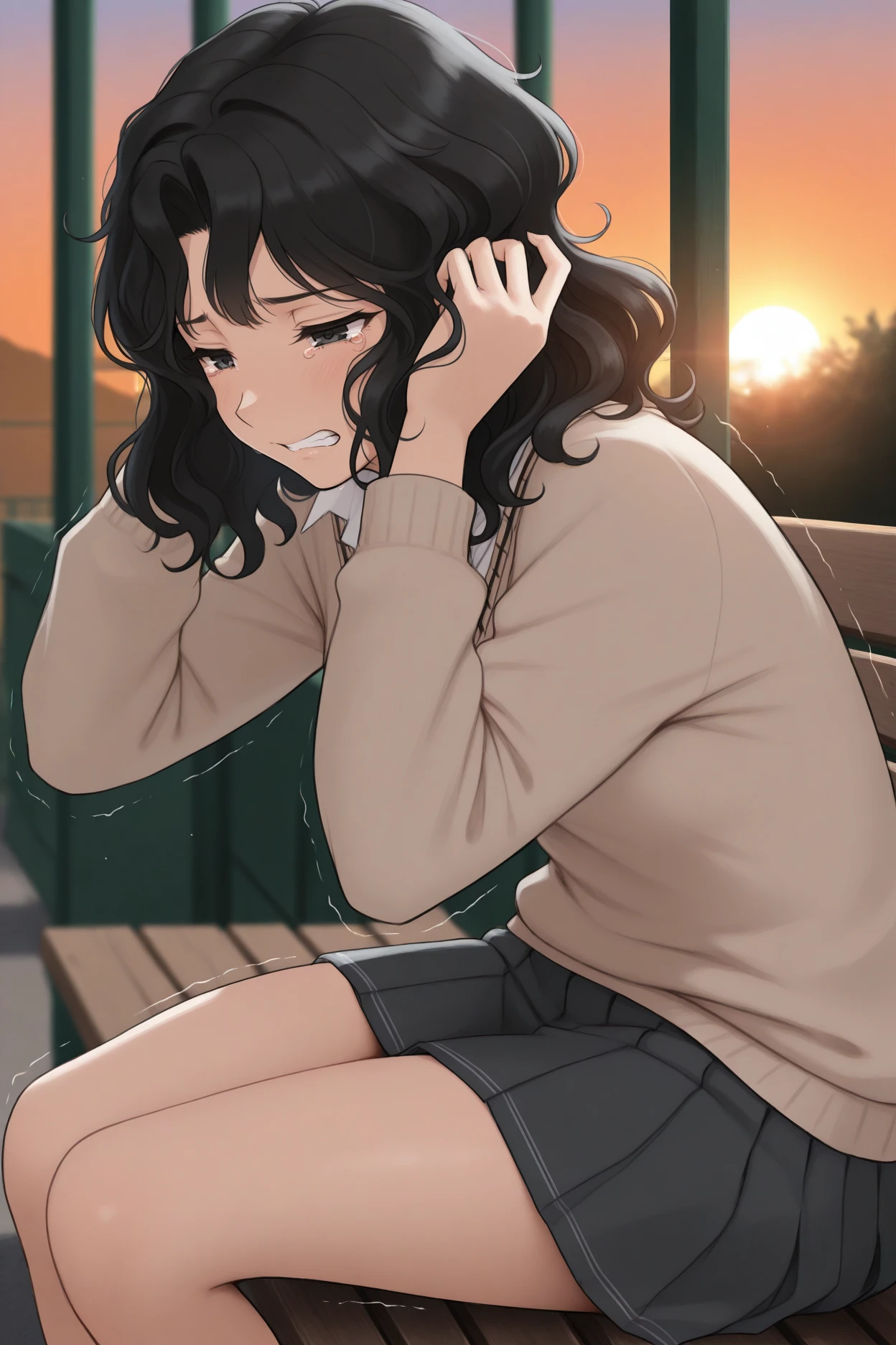 masterpiece, best quality, 1girl, solo, <lora:tanamachikaoru-illu-nvwls-v1-000006:1> tnakao, black hair, wavy hair, medium hair, black eyes, beige sweater, white shirt, pleated skirt, dark grey miniskirt, sitting, hands in own hair, tearing up, clenched teeth, half-closed eyes, sad, bench, sunset, from side, hunched over, tears, trembling