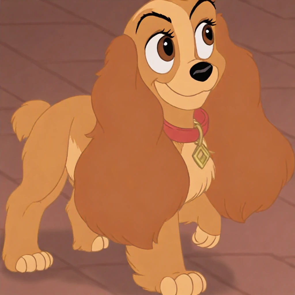 collette, disney, dog, cocker spaniel, red collar, long brown ears, tan fur, light tan belly, light tan paws, brown eyes, cocker spaniel, female, full body, solo, standing, happy, smiling, flirty
