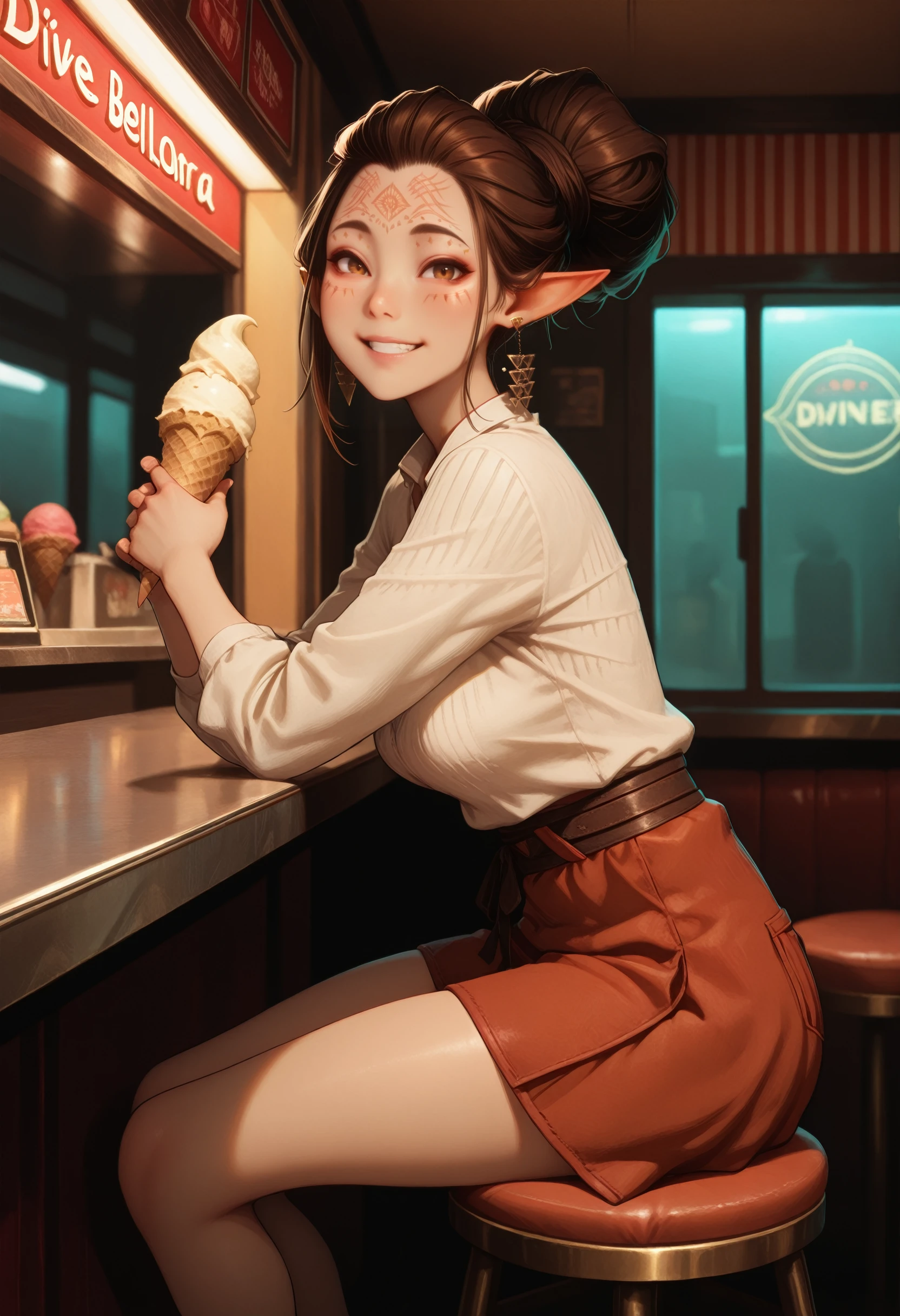masterpiece, best quality, absurdres, highres, extremely high detail,
<lora:ILDVBellara:1.0>
DVBellara, 1girl, brown hair, hair bun, brown eyes, facial marks, pointy ears, earring, looking at viewer, smiling, sitting, on stool, inside diner, counter, holding ice cream cone