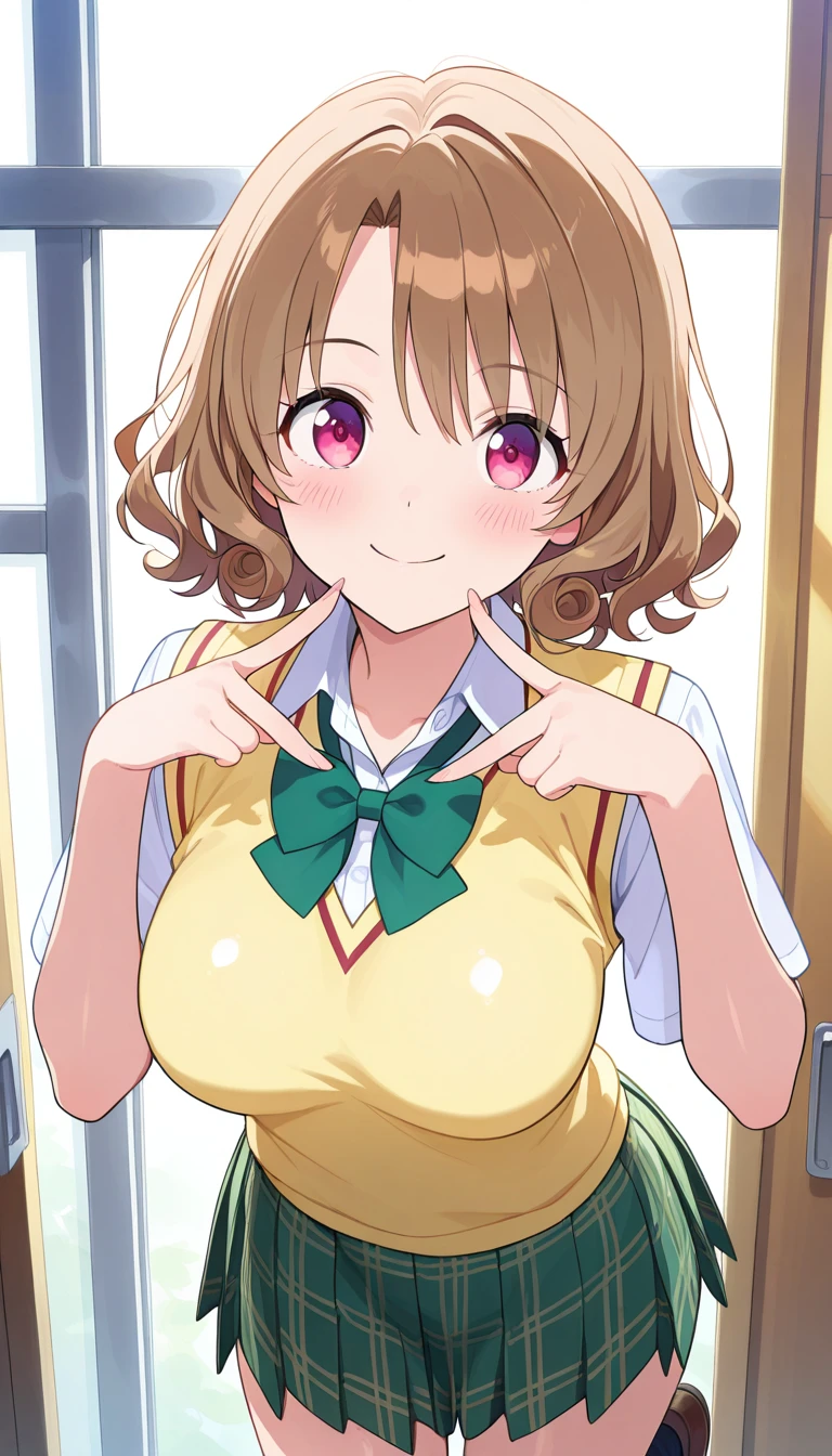 (masterpiece),best quality,amazing quality,very aesthetic,absurdres,newest,perfect body,shiny skin,perfect eyes,detail1eye,well-defined fingers,well-defined fingernails,anime style,indoors,1girl,solo,upper body,(portrait:1.5),looking at viewer,facing viewer,smile,blush,Momioka Risa,short curly hair,brown hair,bangs,pink eyes,school uniform,sweater vest,yellow vest,white shirt,collared shirt,green bowtie,short sleeves,medium breasts,miniskirt,green skirt,plaid skirt,pleated skirt,black socks,loafers,<lora:Momioka Risa(tlr)-Illus:2>,