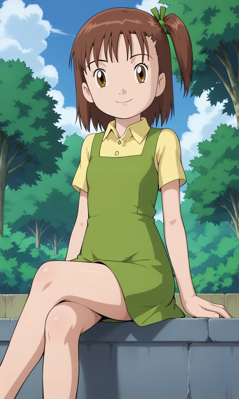 jeri katou, digimon tamers, shoulder-length hair, brown hair, side ponytail, green hair ribbon, brown eyes, yellow shirt, green dress, sitting, crossed legs