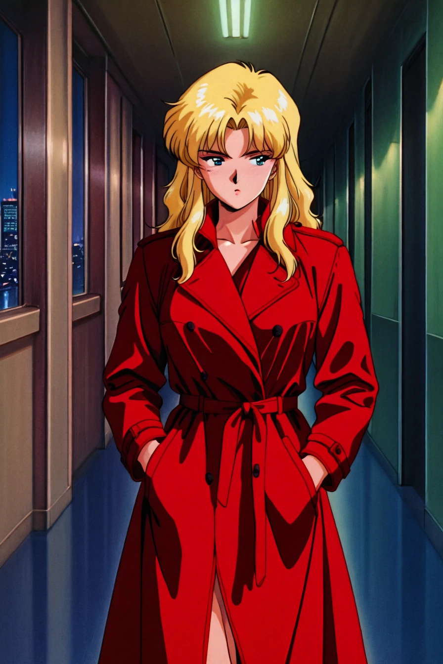 1girl, solo, alone, blue eyes, blonde hair, red coat, hands in pocket, hallway, <lora:90s_anime_aesthetic_illustriousXL:0.8>, 90s_anime_aesthetic, 1990s (style), retro, retro artstyle, city background, masterpiece, highres