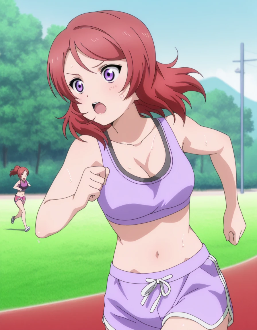 masterpiece, best quality, amazing quality,, <lora:maki-nishikino-s1-illustriousxl-lora-nochekaiser:1>, maki nishikino, short hair, purple eyes, red hair, mature female, breasts, anime screencap, <lora:dolphin-shorts-ponyxl-lora-nochekaiser:1>, dolphin shorts, shorts,, outdoors, running, sweat, open mouth, sports bra, cleavage, navel, midriff, ponytail,, , cowboy shot, solo