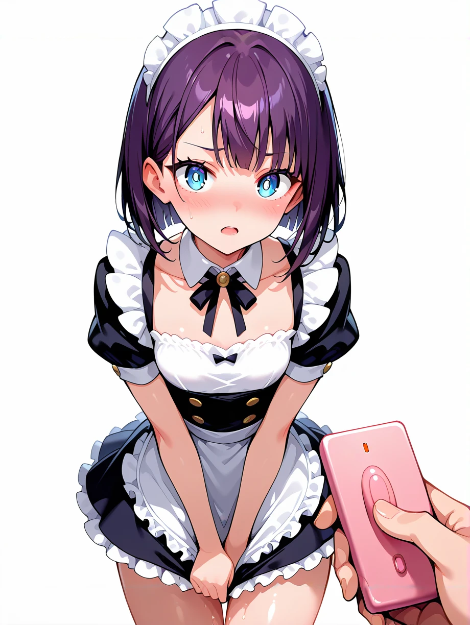 masterpiece, best quality, newest, absurdres, highres, safe,cute face,clean skin ,shiny hair,beautiful  eyes,eyelashes,cute girl, ,purple hair,Asymmetry cut hair,medium hair,white-blue eyes,small breasts,real skin, <lora:remote vibrator_noobai_V1.0:1> remote control, remote control vibrator, pov, 1boy, holding, sweat, blush,skirt tug,maid dress,
