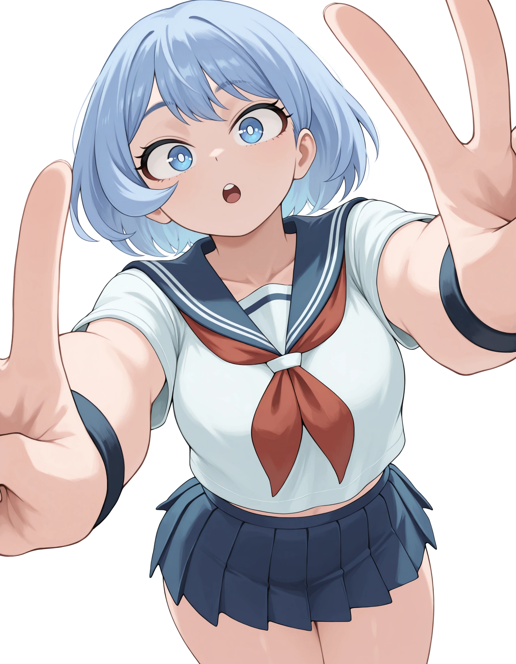<lora:Hado Nejire Illu:1>
nejir3, 1girl, blue eyes, blue hair, wristband, pleated skirt, u.a. school uniform, thighs, serafuku, double v, blue skirt, open mouth, blue sailor collar, looking at viewer, white shirt, alternate costume, red neckerchief, white background, bright pupils, :o, white pupils, breasts, midriff peek, teeth, miniskirt, foreshortening, masterpiece, best quality, amazing quality