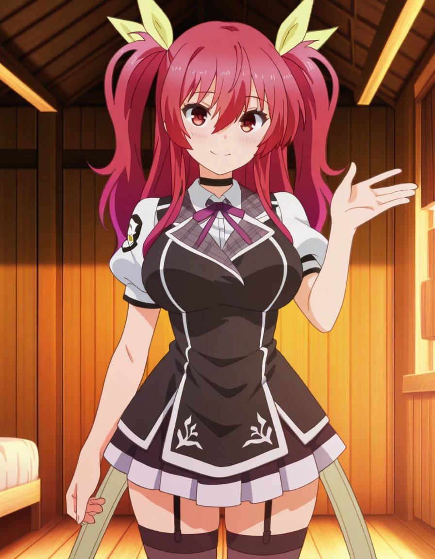 masterpiece, best quality, amazing quality,, <lora:stella-vermillion-s1-illustriousxl-lora-nochekaiser:1>, stella vermillion, hair between eyes, hair intakes, hair ribbon, long hair, red eyes, red hair, two side up, yellow ribbon, mature female, breasts, anime screencap, black choker, choker, emblem, garter straps, neck ribbon, plaid, puffy short sleeves, puffy sleeves, purple ribbon, red hair, ribbon, school uniform, shirt, short sleeves, skirt, thighhighs, white shirt, white skirt,, hut, small, rural, wood, shelter, , sidetail miku noodle stopper (meme), meme, side ponytail, hand up, blush, smile, bed room, cowboy shot, looking at viewer, looking at viewer, solo,, cowboy shot, solo