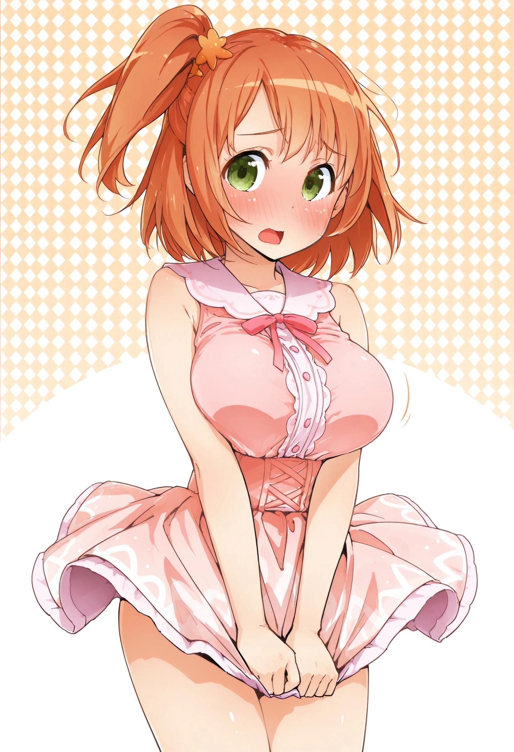 semahiroStyle, large breasts, looking at viewer, blush, embarassed, open mouth, side ponytail, orange hair, pink dress, sleeveless, upskirt, innethighs, skirt tug, simple background, patterned background, two-tone background,