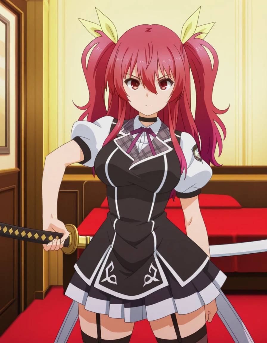 masterpiece, best quality, amazing quality,, <lora:stella-vermillion-s1-illustriousxl-lora-nochekaiser:1>, stella vermillion, hair between eyes, hair intakes, hair ribbon, long hair, red eyes, red hair, two side up, yellow ribbon, mature female, breasts, anime screencap, black choker, choker, emblem, garter straps, neck ribbon, plaid, puffy short sleeves, puffy sleeves, purple ribbon, red hair, ribbon, school uniform, shirt, short sleeves, skirt, thighhighs, white shirt, white skirt,, hotel, rooms, lobby, guests, beds, , battoujutsu stance, looking at viewer, holding, weapon, sword, holding weapon, holding sword, standing, katana, sheath, sheathed, fighting stance, ready to draw, looking at viewer, solo,, cowboy shot, solo