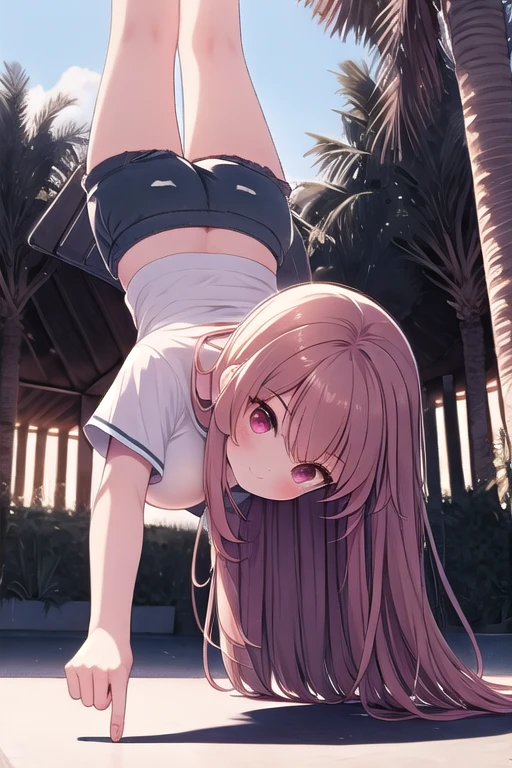 ((one finger handstand)), pointing down, hand on ground, 1girl, light smile, large breasts, short sleeves, shirt, shorts, full body, from below, low pov, sky, <lora:onefingerhandstand:1>