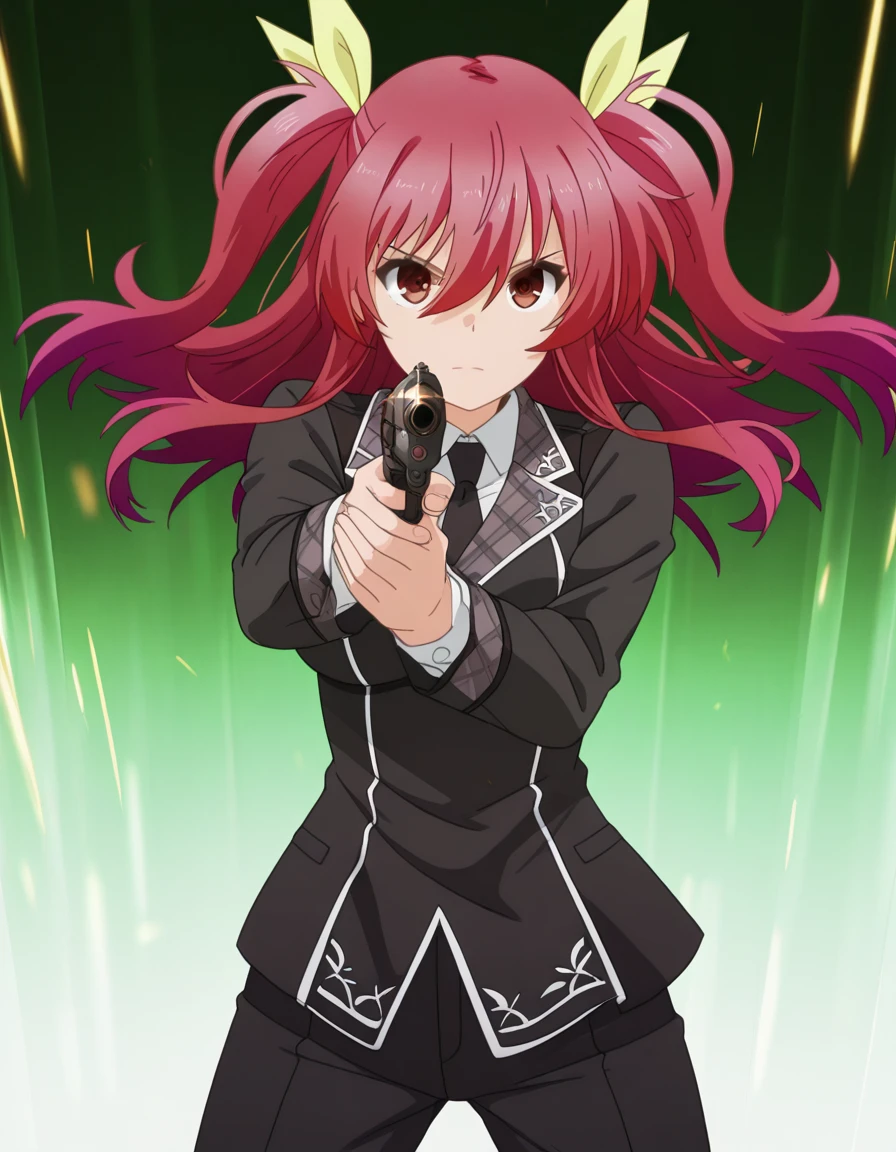 masterpiece, best quality, amazing quality,, <lora:stella-vermillion-s1-illustriousxl-lora-nochekaiser:1>, stella vermillion, hair between eyes, hair intakes, hair ribbon, long hair, red eyes, red hair, two side up, yellow ribbon, mature female, breasts, anime screencap, <lora:center-axis-relock-stance-ponyxl-lora-nochekaiser:1>, center axis relock stance, looking at viewer, holding, closed mouth, weapon, holding weapon, gun, holding gun, handgun, aiming, finger on trigger, aiming at viewer, m1911, shirt, long sleeves, jacket, white shirt, necktie, collared shirt, pants, black jacket, floating hair, black pants, formal, suit, black necktie, sheathed, fighting stance, asymmetrical bangs, black suit, pant suit,, , cowboy shot, solo