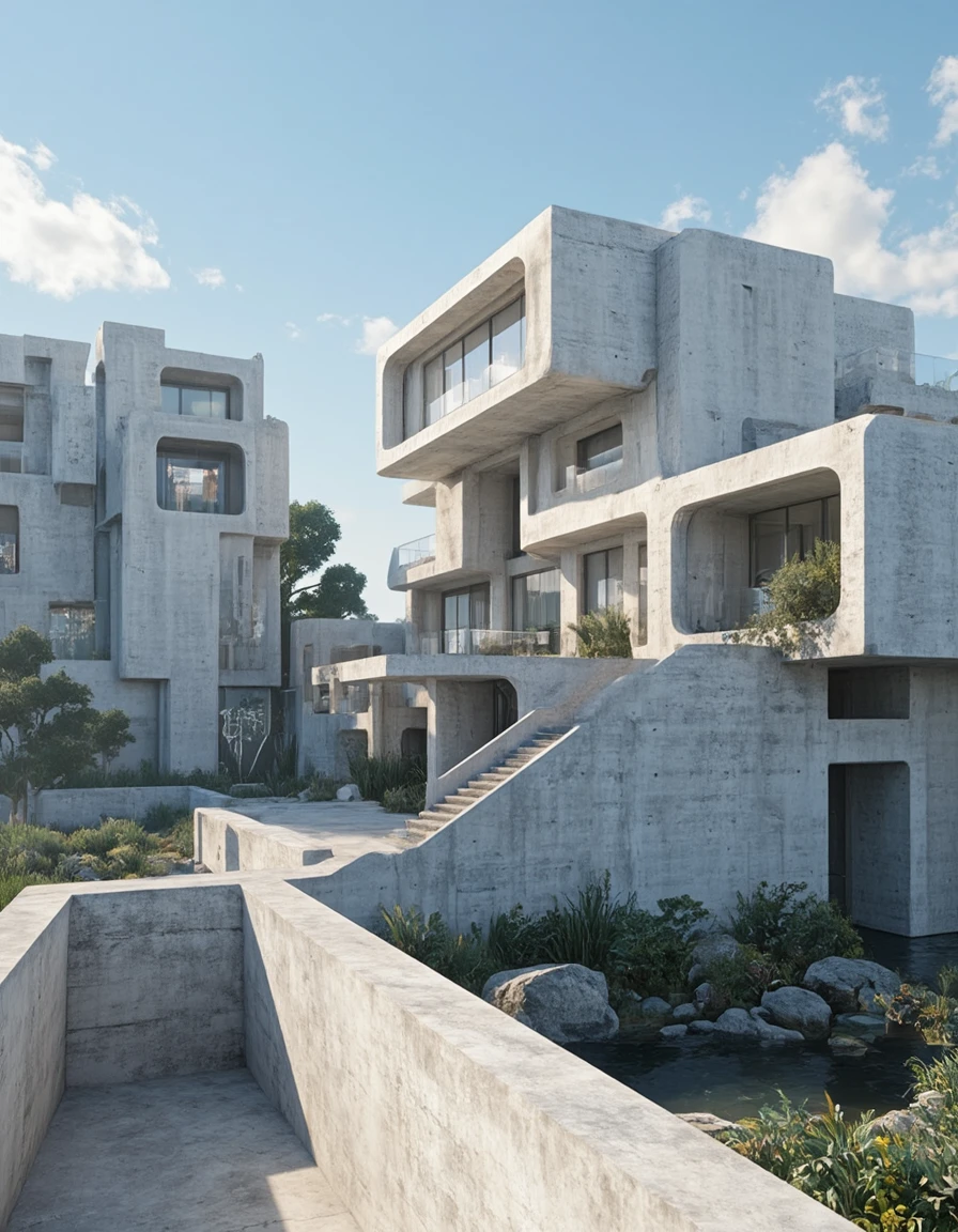 <lora:Home_R01fluxb:1> homer01, houses, Brutalist architecture, concrete walls, outdoor, geometric shapes, minimalistic design, open sky, Futuristic sci-fi house, diagonal structures, in a cyberpunk city, angular perspective, raw texture, light and shadow, architectural contrast, industrial aesthetic, abstract composition, glass, waterfall, vegetation, lake, trees
