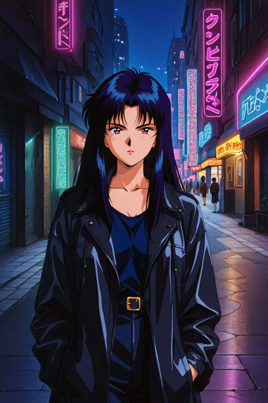 1girl, solo, alone, looking at the viewer, street, night, neon light, building, <lora:90s_anime_aesthetic_illustriousXL:0.8>, 90s_anime_aesthetic, 1990s (style), retro, retro artstyle, masterpiece, highres
