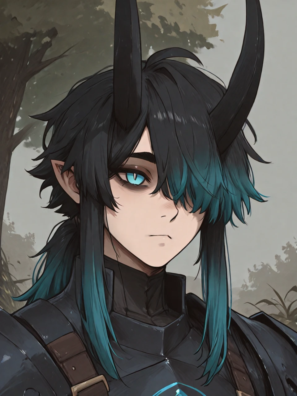 (masterpiece), best quality, (1boy, male, adult), (black hair, black eyebrows, black eyelashes), gradient hair, (turquoise hair:0.9), hair over left eye, undercut hair, wolf cut hair messy hair, (hair over left eye), ponytail hair, long hair, wild hair, long sidelocks, ahoge, (white pupils, slit pupils), black oni horns, turquoise eyes, outdoors, baggy eyes, sleepy eyes, adventurer, wanderer, bounty hunter, plains, black and white armor