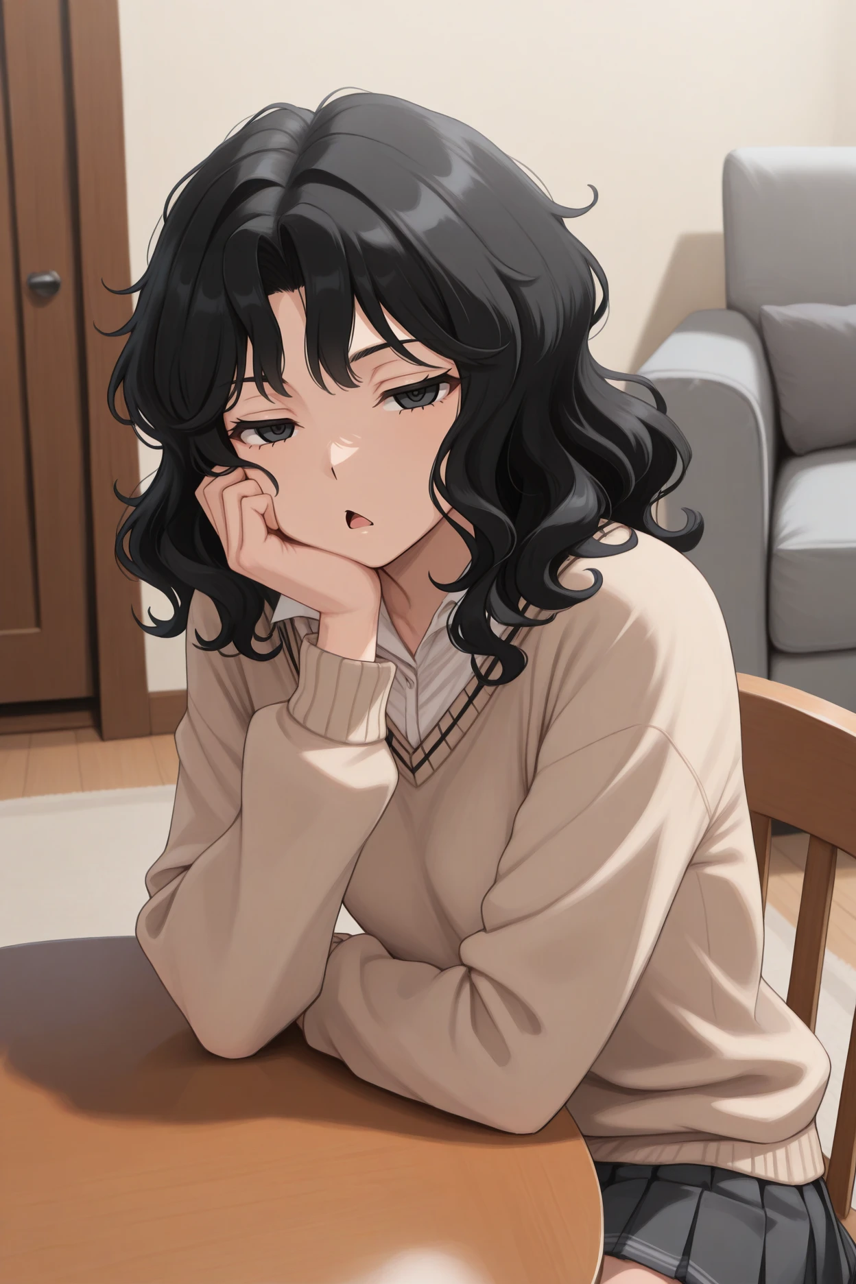 masterpiece, best quality, 1girl, solo, <lora:tanamachikaoru-illu-nvwls-v1-000006:1> tnakao, black hair, wavy hair, medium hair, black eyes, beige sweater, white shirt, pleated skirt, dark grey miniskirt, head rest, half-closed eyes, open mouth, round mouth, table, chair, sitting, living room, bored, looking at viewer