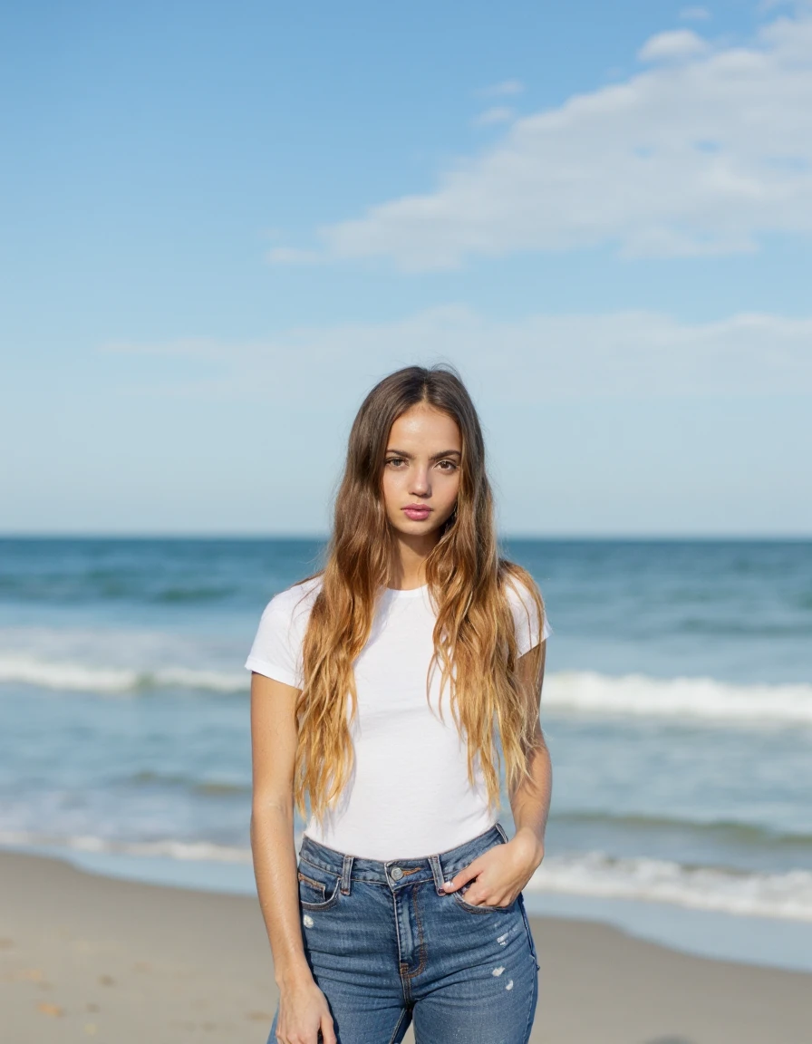 Female gender, age 15 years, honey colored hair, blue eyes, sitting on a rock looking out to sea