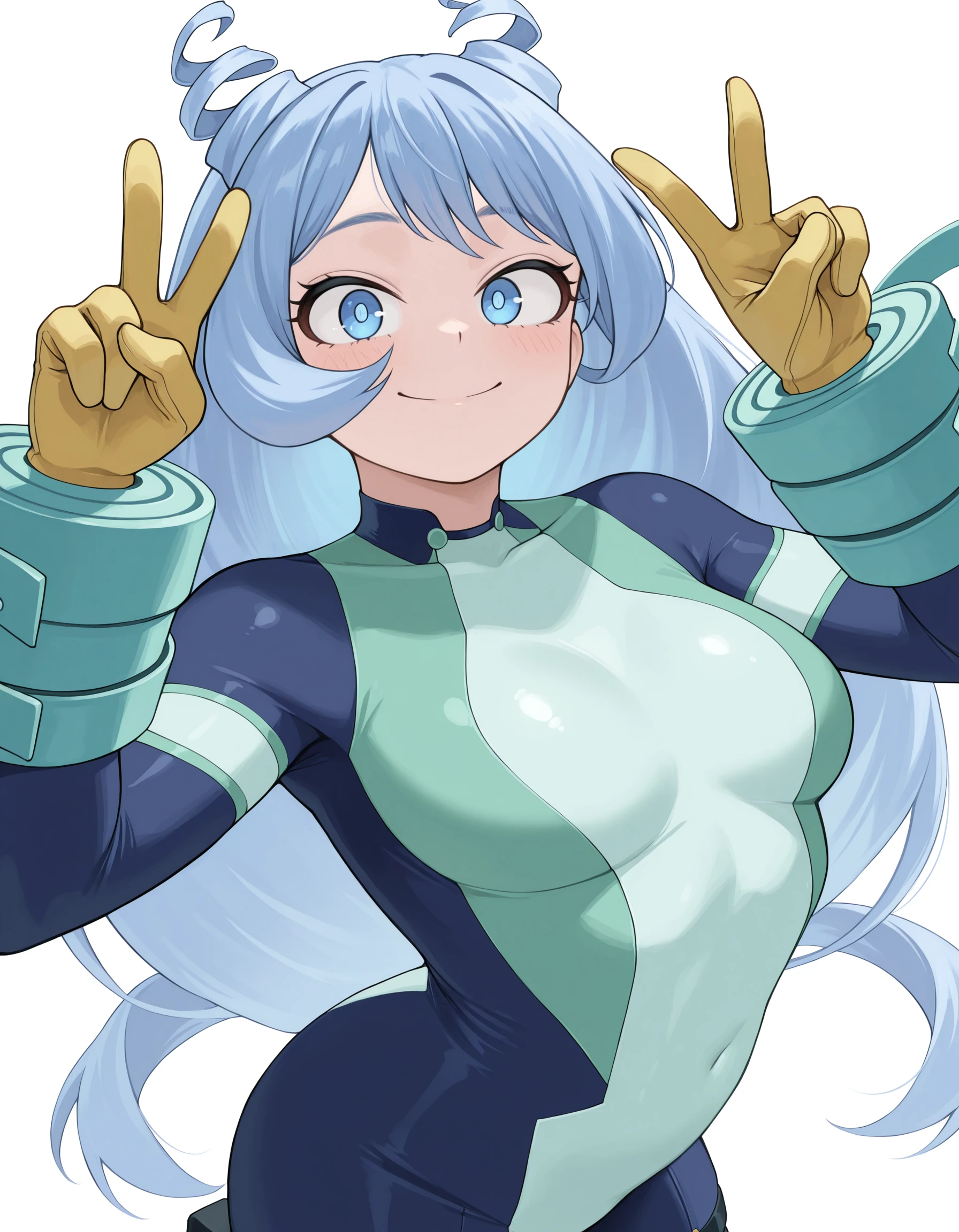 <lora:Hado Nejire Illu:1>1girl, solo,
nejir3, blue eyes, blue hair, long hair, hair down back, twin drills, hair horns,
nejir3her0, blue bodysuit, green bodysuit, multicolored bodysuit, thigh straps, yellow gloves, blue arm coils, blue spiral wrist straps,
upper body, v pose, smile, closed smile, blush, looking at viewer,
white background,, masterpiece, best quality, amazing quality