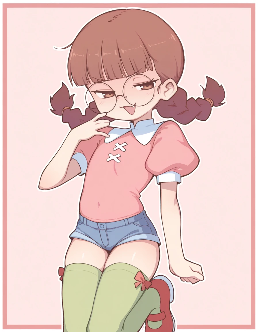 <lora:Orenji-IL-20:0.8> orenji, 1girl, solo, brown hair, low twintails, twin braids, blunt bangs, brown eyes, round eyewear, petite, flat chest,
smug, :3, fang, parted lips,
pink shirt, short puffy sleeves, blue shorts, short shorts, green thighhighs, bow legwear thighhighs, blue footwear, red footwear, reebok.
extremely detailed, highres, masterpiece, best quality, border,