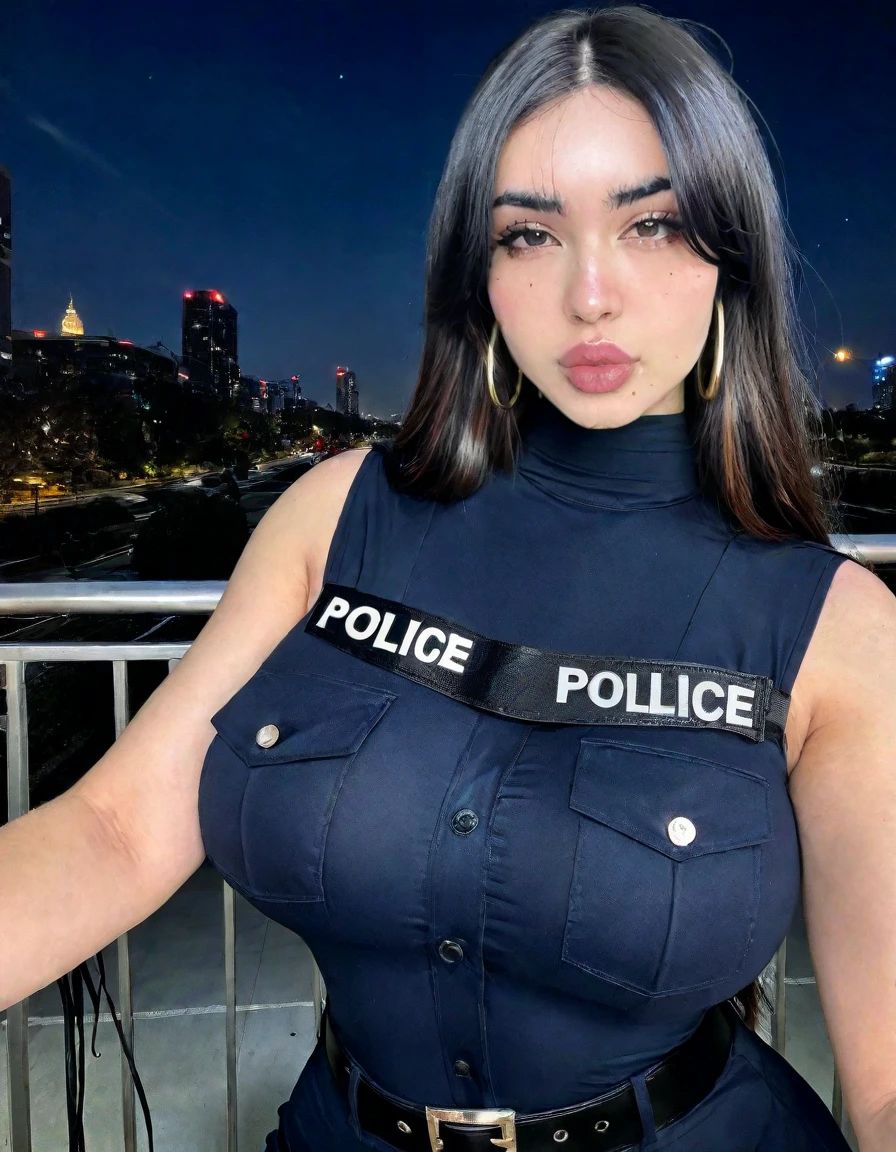 closeup photo of an elegant 20 years old young woman, standing, police outfit, turtle neck, fully clothed, night sky, [4dr14nn4]