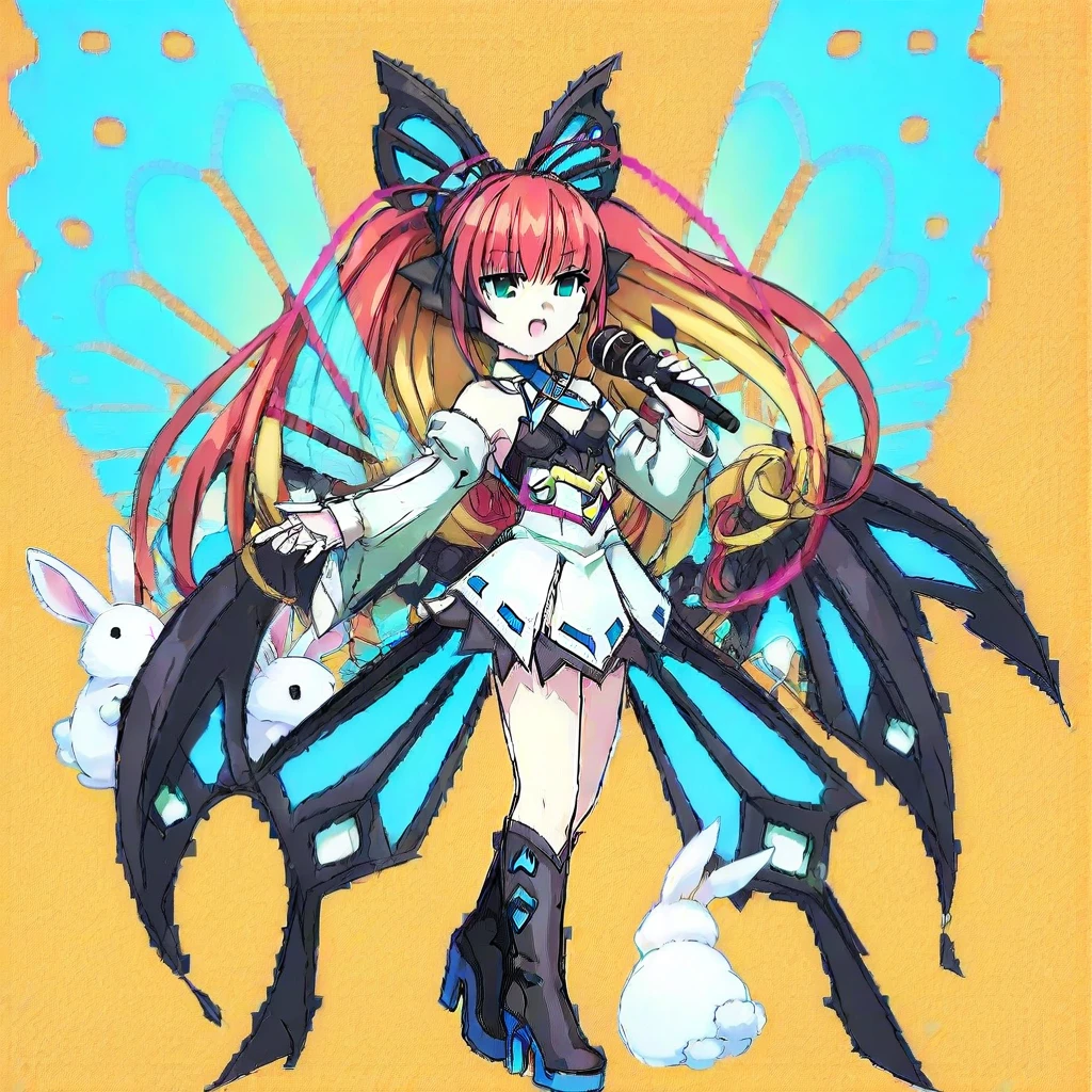 upper body, microphone, twintails, wings, bare shoulders, rabbit, halloween, black footwear, red hair, blue eyes, holding, green eyes, hair ornament, high heels, simple background, sketch, boots, two-tone hair, long sleeves