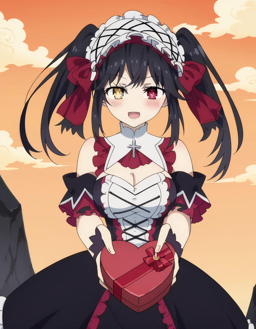 score_9, score_8_up, score_7_up, source_anime, <lora:kurumi-tokisaki-rasiel-s5-ponyxl-lora-nochekaiser:1>, kurumi tokisaki, heterochromia, yellow eyes, clock eyes, black hair, twintails, red eyes, symbol-shaped pupils, long hair, mature female, breasts, anime screencap, cleavage, hairband, white hairband, frills, detached sleeves, bare shoulders, cross, corset, bowtie, red bowtie, black dress, multi-colored dress frills, cave, darkness, rocks, underground, stalactites, smile, <lora:heart-shaped-box-ponyxl-lora-nochekaiser:1>, heart-shaped box, holding, box, gift, valentine, incoming gift, closed eyes, blush, open mouth, outstretched arms, outdoors, night sky, clouds, shouting,, looking at viewer, solo,, cowboy shot, solo