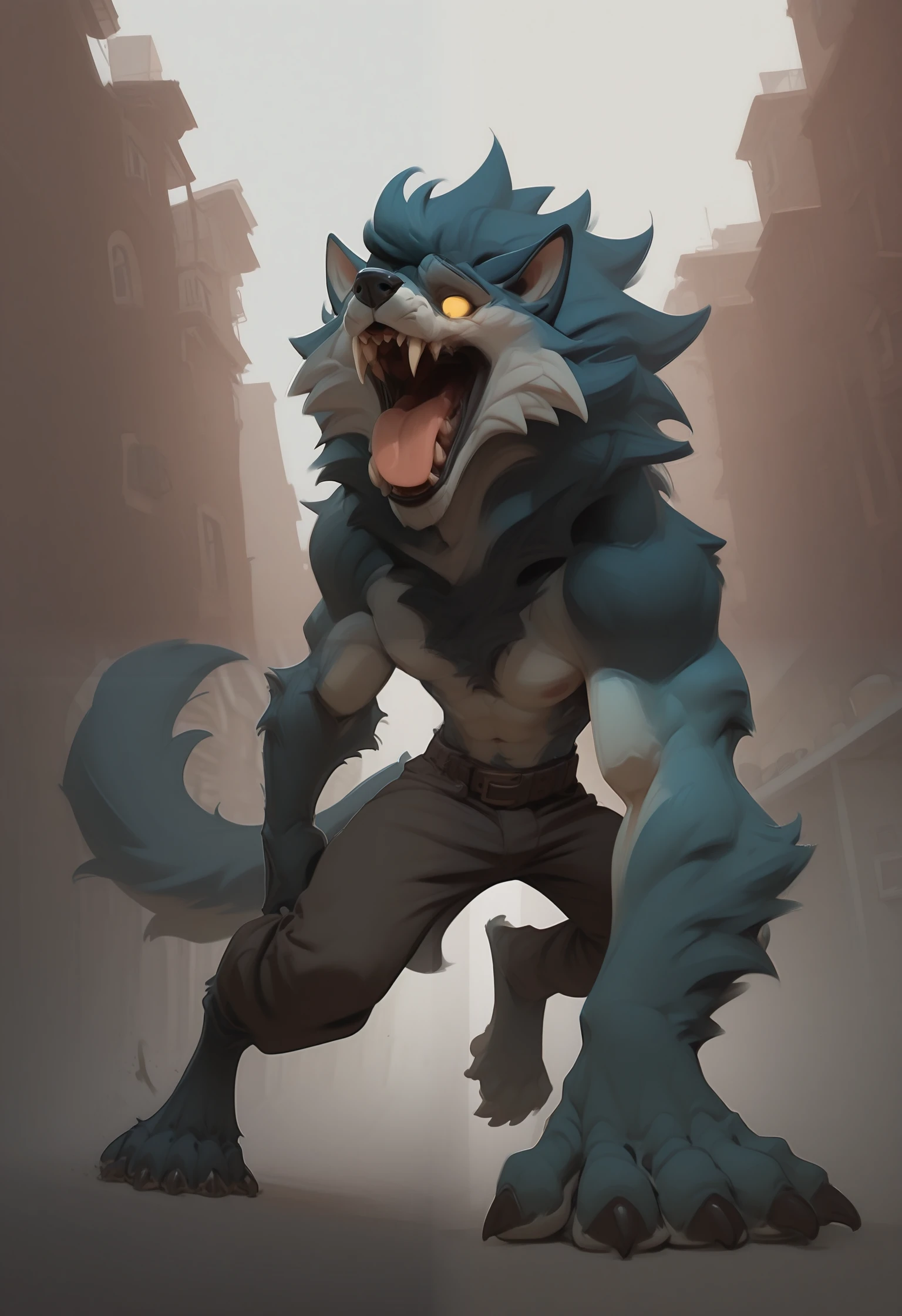 3dc4r1c4tur3, highly detailed stylized 3D cartoon character by Cedric Seaut (Keos Masons) of cowboy_shot, three_quarter_view, \n1boy abs animal animal_ears biceps blue_fur claws fangs furry furry_male male_focus mane multicolored_fur muscular muscular_male open_mouth pants pectorals purple_pants sharp_teeth slashing solo tail teeth tongue topless_male werewolf white_fur wolf yellow_eyes\n, apartment city condenser_unit landscape scenery,, masterpiece, best quality, dynamic lighting , dynamic pose, dynamic angle, lips, nose <lora:3D_Caricature_Style:1.25>