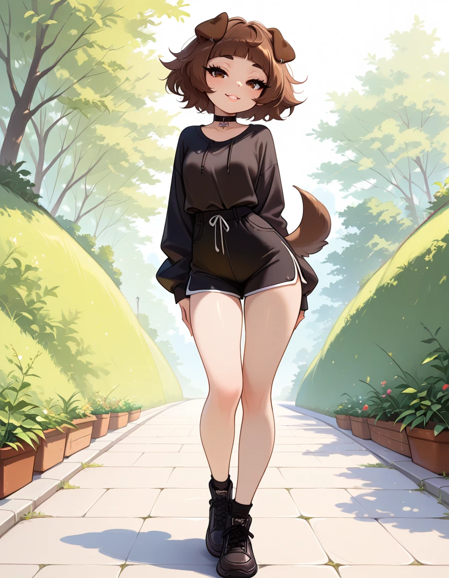 masterpiece, best quality, very aesthetic, absurdres,
outdoors, casual,
posing,
full body, seductive smile, parted lips, long eyelashes,
<lora:Mimi_v01_ILXL:1> Mimi,1girl,solo,dog girl,short hair,brown hair,blunt bangs,dog ears,brown eyes,black choker,dog tail
