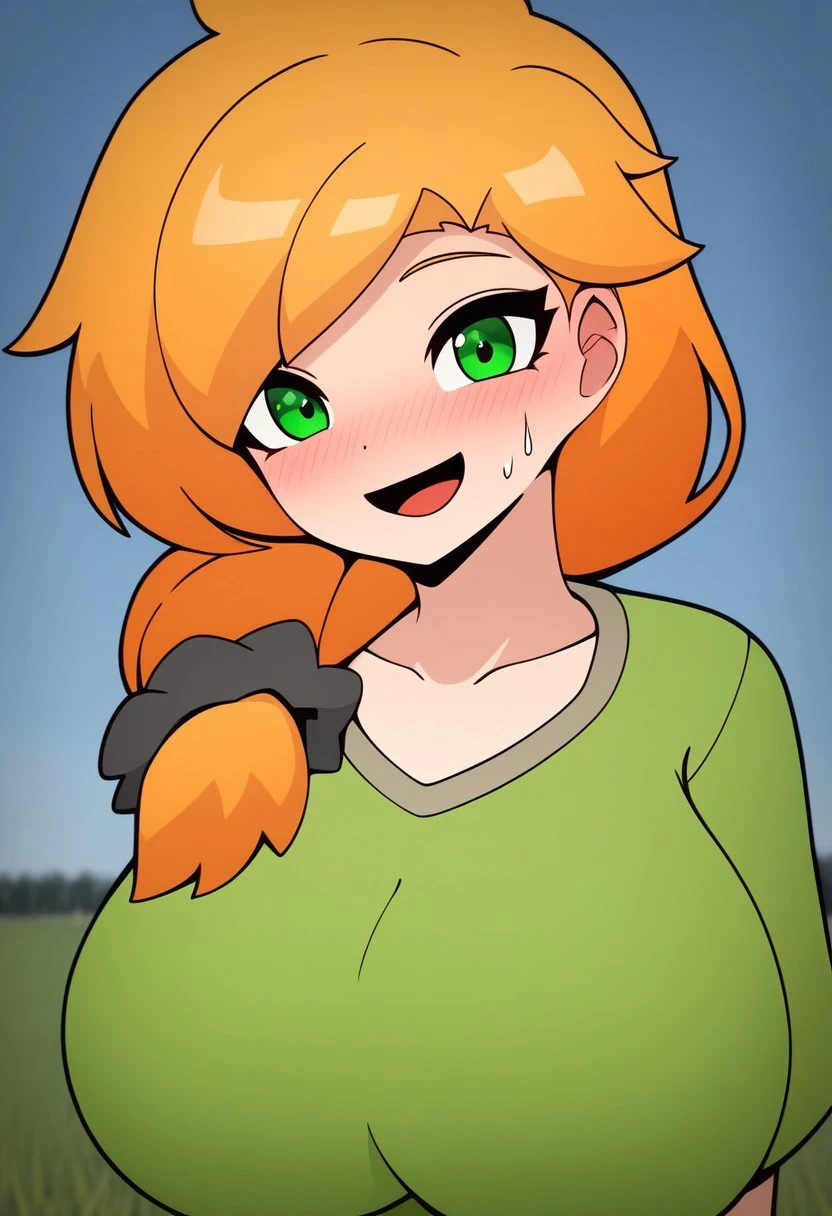 score_9, score_8_up, score_7_up,(masterpiece,best quality)),best res,,good anatomy,cute,(sexy:1.3),ultra cute, (huge breast:1.3),face,hot,female,smiling,extremely detailed face,4k,happy, upper body,,detailed eyes,beautiful,smiling,,cute,very cute,, ,blushing,upper body,leaning,closer,tall,arms,, solo, looking at viewer, blush, perfect lighting, hips, skinny,,,blushing,smiling,tall female,alex, 1girl, solo, long hair, blush, open mouth, blonde hair, shirt, green eyes, collarbone, orange hair, sweatdrop, green shirt, black scrunchie,pants, fullbody, green shirt, middle of a Field,field background,