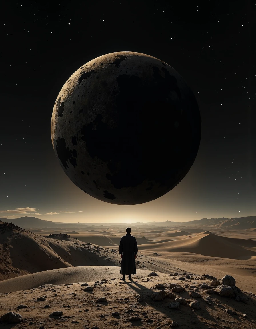 A cinematic photography.
Ashen desert, the black sun dominates the horizon, shadows wander in search of hope, highly detailed, 8k, sharp, professional, clear, high contrast, vivid deep blacks, crystal clear.