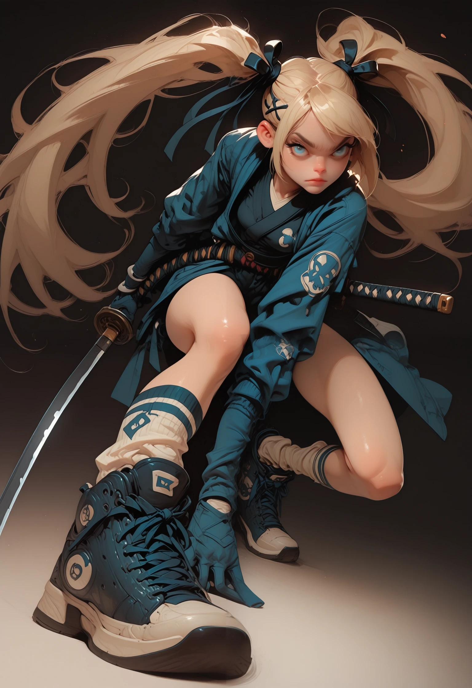 3dc4r1c4tur3, highly detailed stylized 3D cartoon character by Cedric Seaut (Keos Masons) of ((holding a katana, ready to draw, incoming attack, sneakers, shoelaces)), marie_rose, 1girl, solo, twintails, blonde_hair, long_hair, ribbon, blue_eyes, hair_ribbon, black_ribbon, hair_ornament, small_breasts, x_hair_ornament, [[medium_breasts, very_long_hair]], blue_gloves blue_panties breast_curtains breasts closed_mouth detached_sleeves expressionless floating_hair full_body gloves holding_sword japanese_clothes katana looking_at_viewer medium_breasts panties revealing_clothes sheath single_glove socks solo sword underwear weapon white_socks, masterpiece, best quality, dynamic lighting , dynamic pose, dynamic angle, lips, nose <lora:3D_Caricature_Style:1.25>