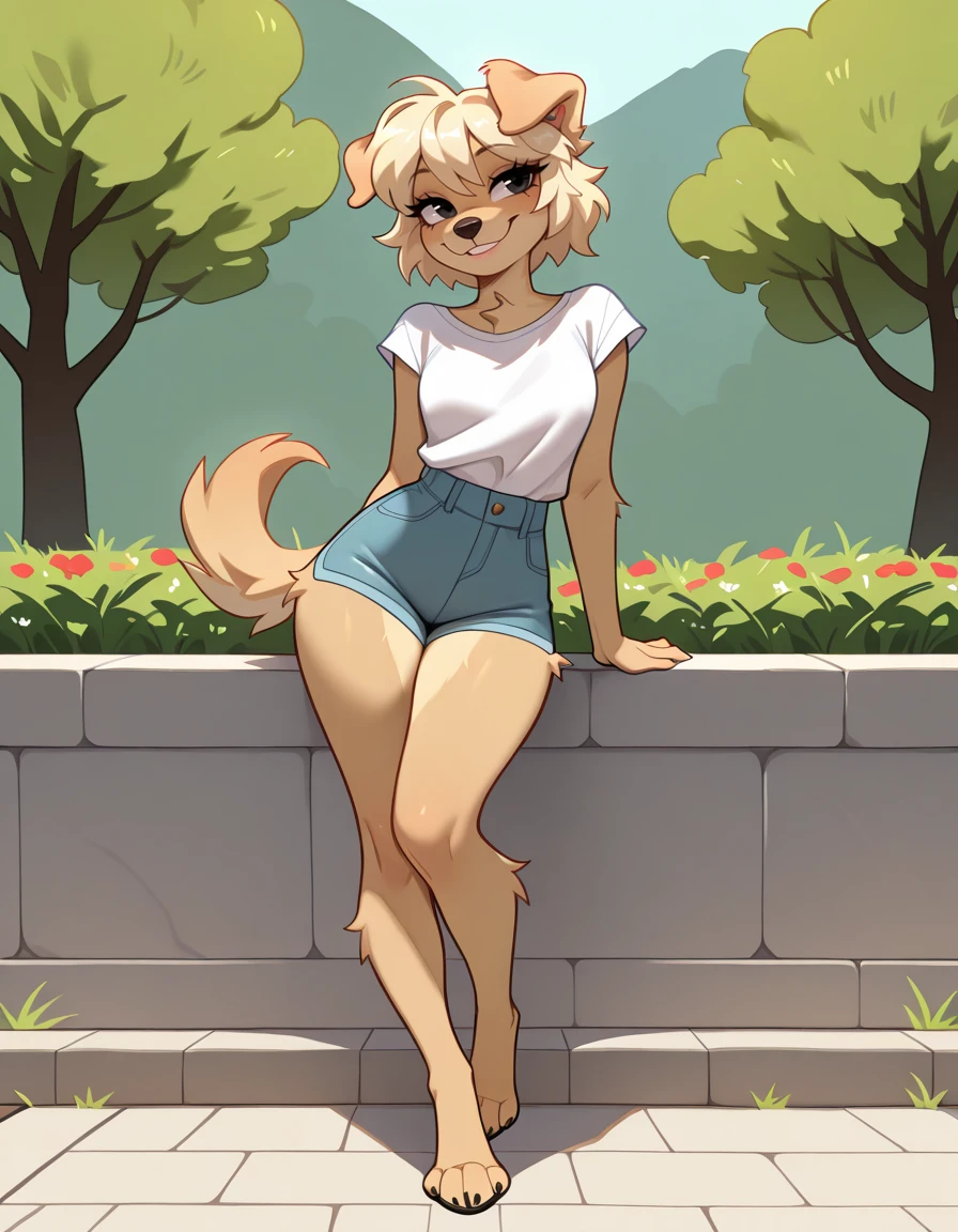 masterpiece, best quality, very aesthetic, absurdres,
outdoors, casual,
posing,
full body, seductive smile, parted lips, long eyelashes,
<lora:Bherri_v01_ILXXL:1> Bherri,1girl,solo,furry female,dog girl,dog ears,dog tail,short hair,blonde hair,bangs,body fur,brown fur,two-tone fur,animal nose,black eyes,